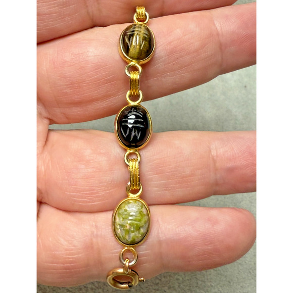 Vintage 7" Egyptian Revival Scarab Beetle Bracelet Semi Precious 14K Gold Filled - Picture 5 of 6